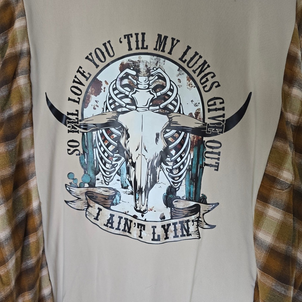 Upcycled tan‎ cow skull t-shirt with plaid flannel OS - Picture 2 of 4